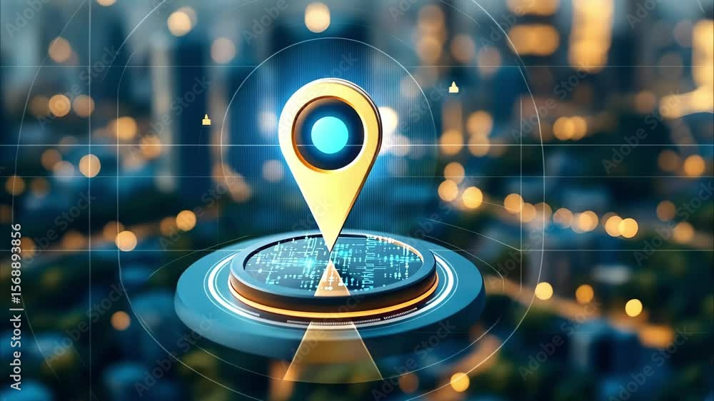 Poster a digital map marker symbol over a cityscape, suggesting navigation or location services.