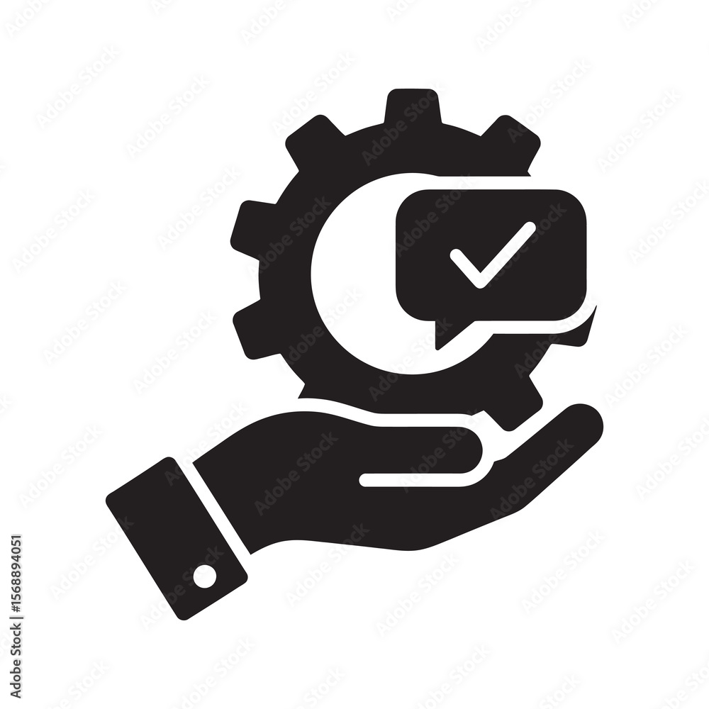 Poster quality control process icon with hand gear and check mark representing service improvement validati