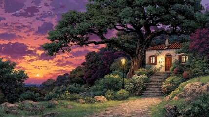 Idyllic cottage nestled amidst lush greenery under a vibrant sunset sky