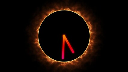 Glowing neon clock animation icon on black background. Analog clock spinning animation. Twelve hours clock run, moving time arrows