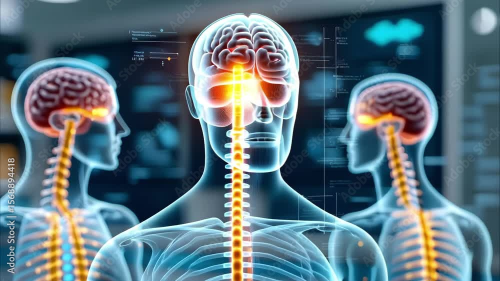 Poster a digital illustration of human figures with highlighted brains and spinal cords, showing neural pat