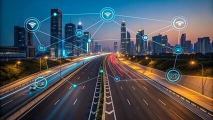 Smart city highway with network connection icons at sunset representing IoT and intelligent transportation
