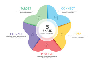 Petal Shape Glassmorphism Infographic Template With 5 Options, Steps, Parts, Segments. Vector Illustration For Business Financial Report.