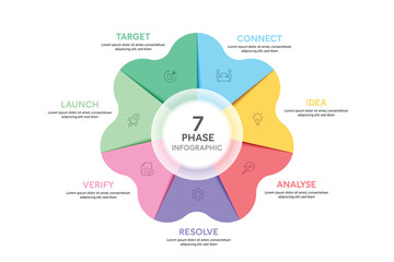 Petal Shape Glassmorphism Infographic Template With 7 Options, Steps, Parts, Segments. Vector Illustration For Business Financial Report.