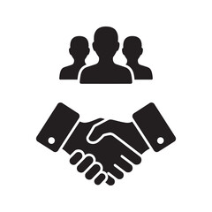 Business agreement and partnership icon with handshake and team symbol representing a corporate deal collaboration and successful contract negotiation vector solid glyph