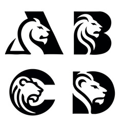 Bold lion head logo designs creatively integrated into letters A, B, C, and D — modern black and white vector icons perfect for premium branding, monograms, mascots, or initials