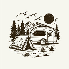 Camping Tent and Camper Van, Mountain Forest Adventure Scene, Vintage Outdoor Travel Illustration