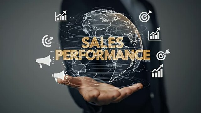 Businessman Presenting Golden Sales Performance Text with Digital Globe and Iconography in Dark Gray Background for Business Strategy and Global Growth