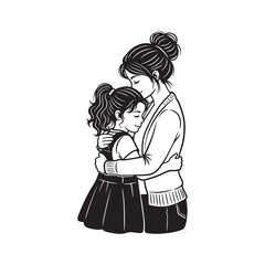 Mother and Daughter Hug, Mom and Girl Embrace, Family Love Drawing, Motherhood Line Art