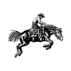 Cowboy Riding Galloping Horse, Vintage Western Rodeo Illustration, Wild West Horseman Vector Art