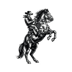 Wild West Cowboy Riding Rearing Horse, Vintage Western Rodeo Illustration