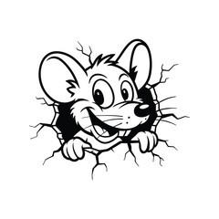 Cartoon Mouse Breaking Wall, Funny Rat Character Illustration, Cute Mouse Peeking Out Vector Art