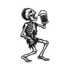 Skeleton Drinking Beer, Funny Skeleton Holding Mug, Retro Halloween Skeleton Illustration