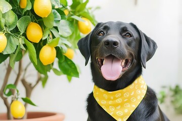 Black Labrador retriever wearing yellow bandana near lemon tree
