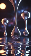floating droplets of mercury metal, silver liquid in a dark cosmic space, glowing and reflecting ambient light