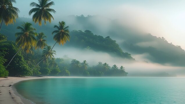 Misty morning over a tranquil tropical bay with soft sunlight, calm waters, and lush greenery a serene coastal landscape perfect for travel themes, nature photography, and peaceful designs
