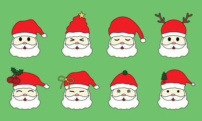 Cute Santa Claus Face Icon Set with Christmas Accessories. Santa Claus Vector Illustration Cute Character With Christmas Ornament