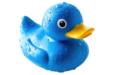 Bright blue rubber duck covered in water drops isolated on a white background ready for playtime and fun bath experiences any time