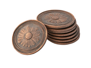 Stack of antique brown coins with floral patterns isolated on transparent background.