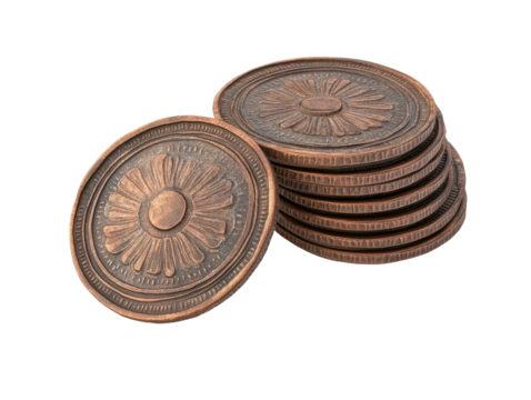 Stack of antique brown coins with floral patterns isolated on transparent background.