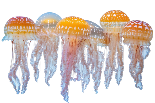 Vibrant jellyfish display in a variety of colors floating gracefully in an aquatic environment, showcasing their delicate tentacles and translucent bodies against a clear backdrop