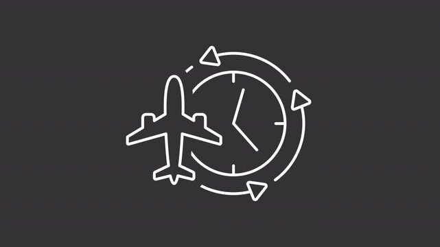 Jet lag white line animation. Sleep disorder of time zones change animated icon. International flight problem. Healthcare routine. Isolated element on dark background. Alpha transparent video