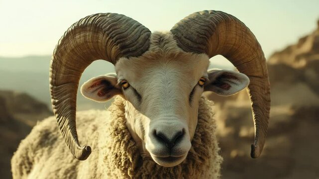 Close up of ram with large curved horns and detailed woolly fur standing outdoors in natural light, showcasing wildlife mammal in desert nature with strong intense gaze and calm expression
