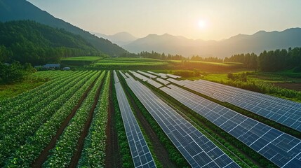 A beautiful countryside with automated solar-powered farming technology
