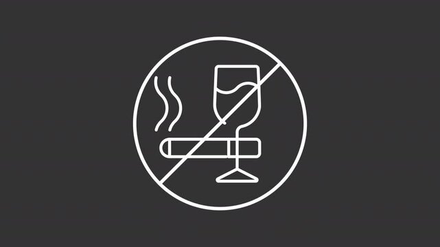 No alcohol and cigarettes white line animation. Avoid alcoholic drinks and nicotine animated icon. Healthy lifestyle routine. Self care. Isolated element on dark background. Alpha transparent video