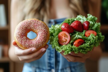 Woman on a diet for good health concept, female choosing between doughnut and salad for better health, Generative AI