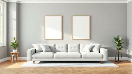 Fototapeta premium Bright and airy living room with white sofa and natural light