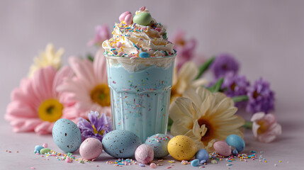 Festive Easter egg-themed beverage in a colorful cup, perfect for holiday celebration, spring vibes, cheerful decorations, seasonal treat, joyful and playful drink presentation.