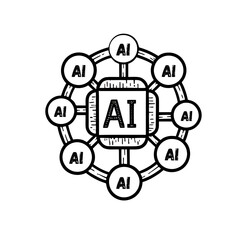 AI Neural Network Doodle with Processor and Nodes. (AI Generated)