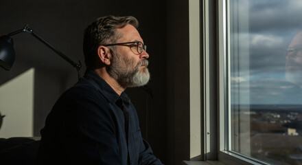 Contemplative Man Gazing Out Window, Lost in Thought