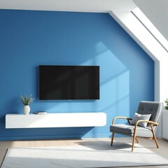 Modern living room with blue walls a floating media console and a grey armchair