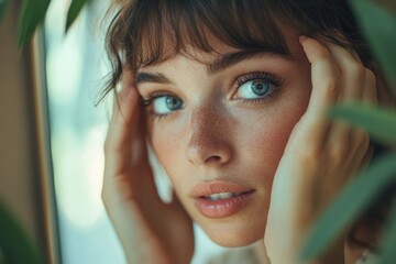 Sleepless woman examining dark circles under her eyes in mirror, concerned about fatigue from lack of rest, Generative AI