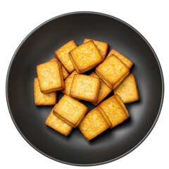 A close-up of crispy, golden-brown snacks arranged in a black bowl on a clean surface