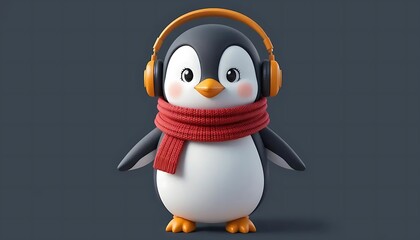 A cute penguin cartoon wearing a red knitted scarf and orange headphones, standing against a clean grey background. 3D style