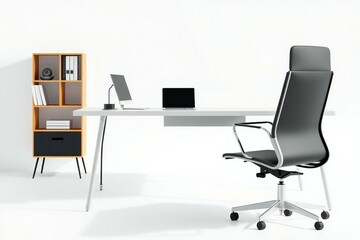 Modern home office setup with desk chair and bookshelf