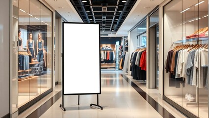 Blank signage in a modern clothing store with mannequins and apparel