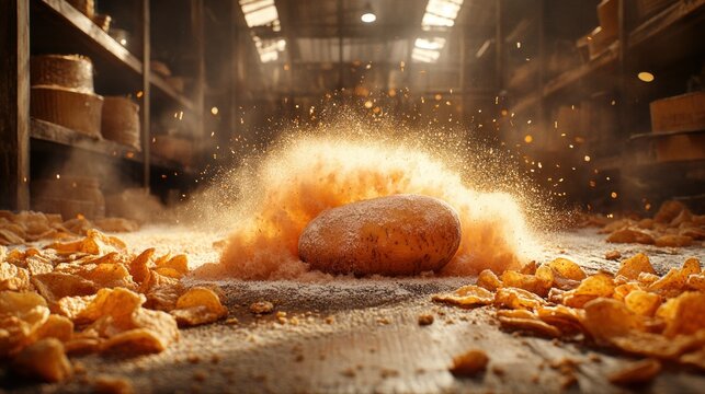 Exploding potato amidst flour and chips in a factory setting