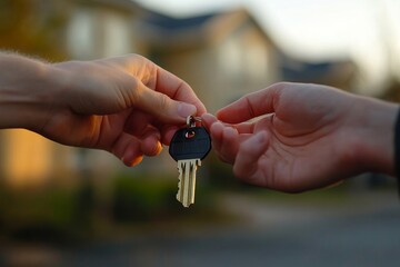 Landlord agent giving house property keys to new tenant after lease agreement confirmation, Generative AI