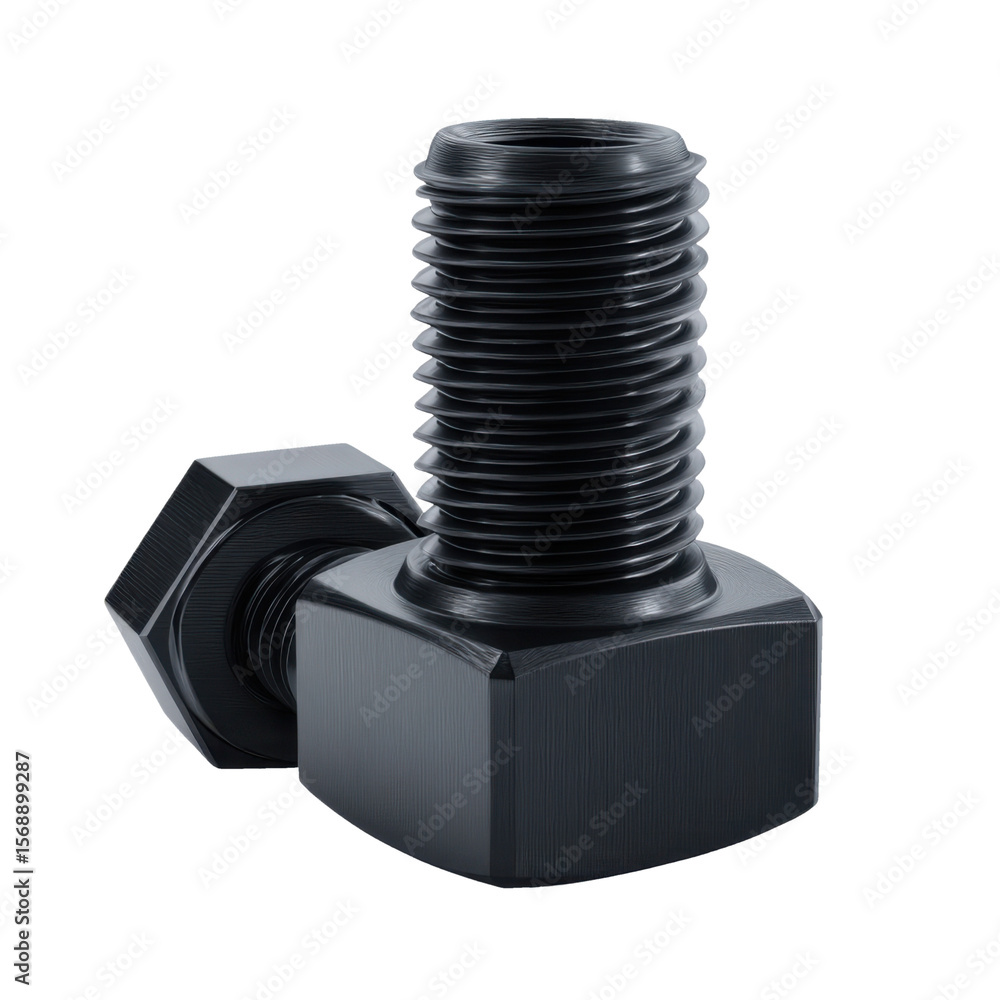 Poster close-up view of a black bolt and nut showcasing intricate threading and design ideal for constructi