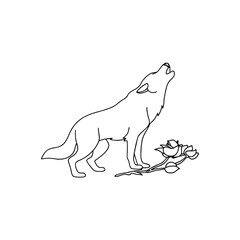 Fototapeta premium Line art of a wolf howling next to roses black and white