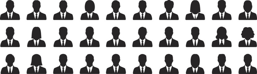 Collection of diverse professional avatar icons, male and female business silhouettes, employee profile vector, user icon set for corporate use