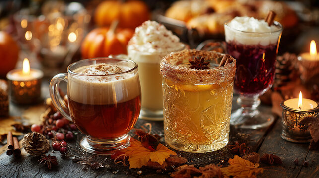 Festive Thanksgiving drinks on a decorated table with autumn leaves, pumpkins, cozy atmosphere, seasonal celebration, warm beverages, holiday gathering, elegant and inviting setup.