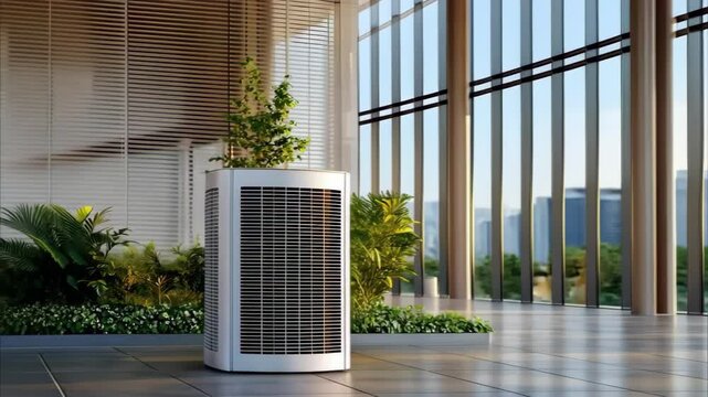 A modern indoor space featuring a stylish air conditioning unit, large windows, and greenery for a refreshing atmosphere.