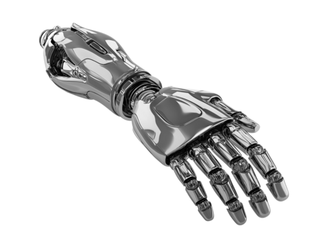 Robot hand with the palm facing up isolated on a transparent background