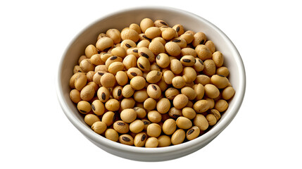 A white bowl filled with dry soybeans showing detailed texture and color isolated on transparent background