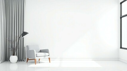 Modern minimalist living room with grey armchair and floor lamp